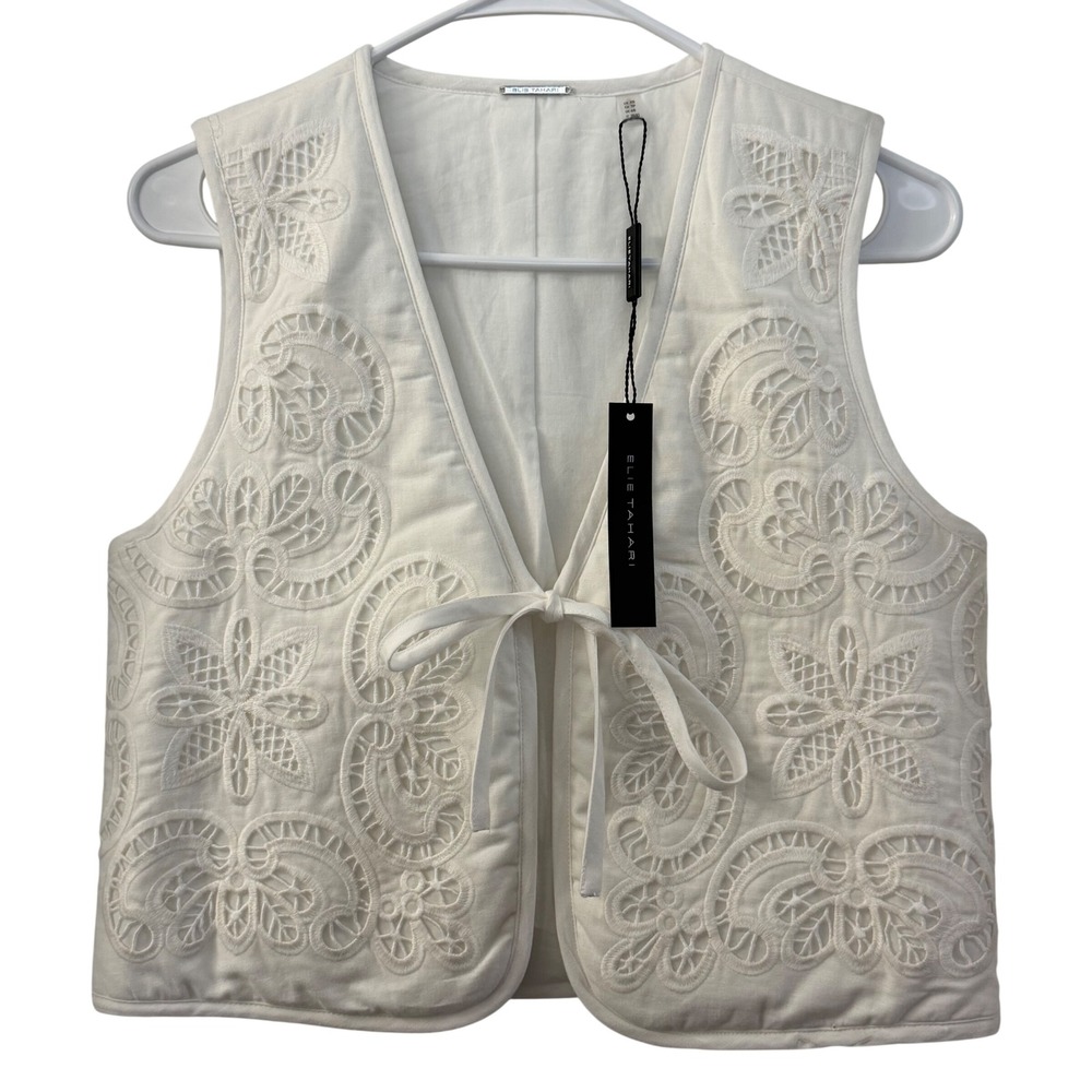 Elie Tahari Sky White Cotton Linen Eyelet Embroidered Tie Front Vest XS NEW